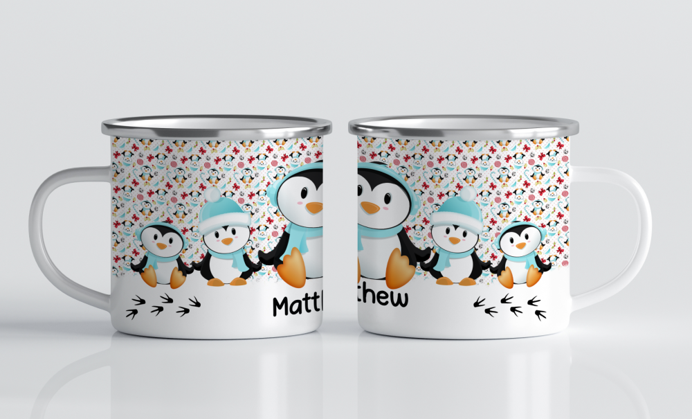 Penguin christmas Mug Kids - Festive Box Filler Enamel / Metal Hot Chocolate Christmas Eve personalised