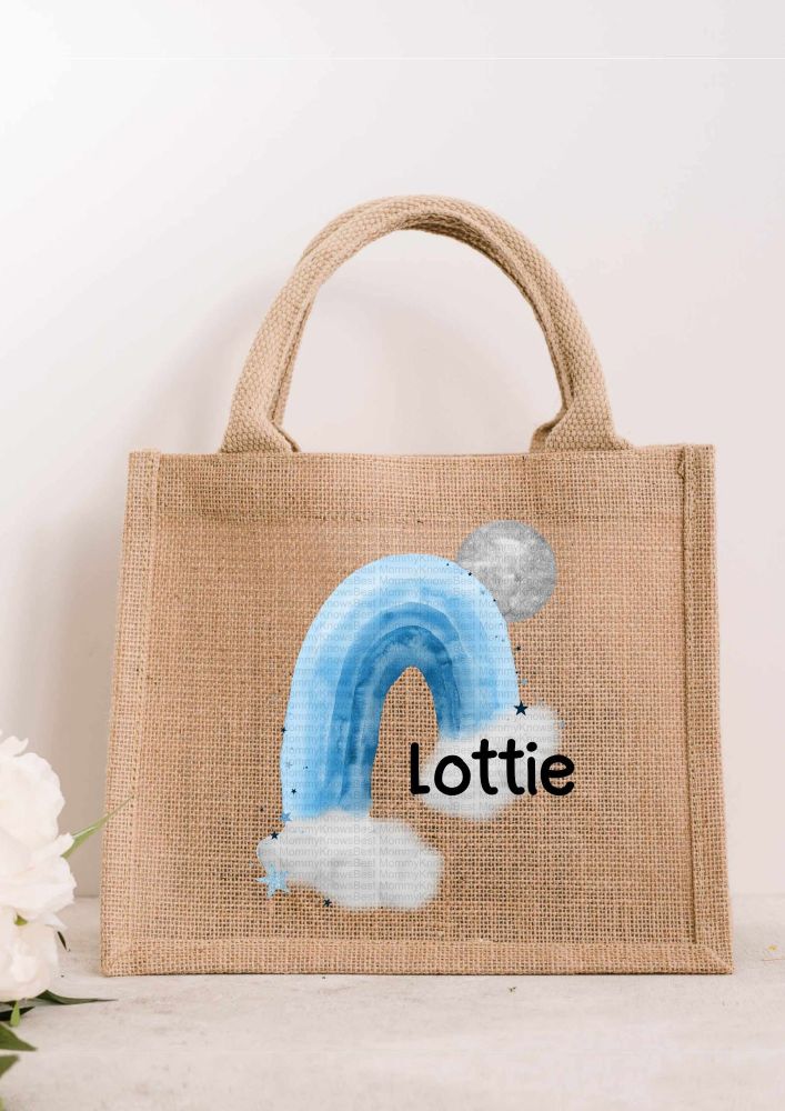 Wonky Rainbow - Blue JUTE Gift Bag - personalised