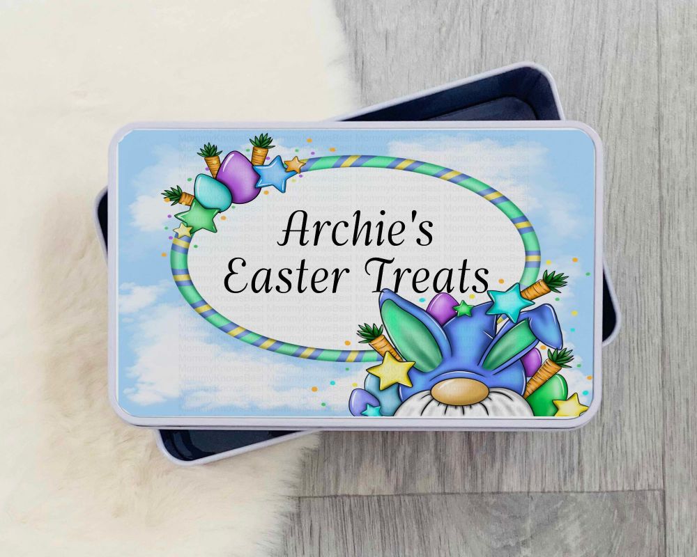 Easter Bunny Rectangular Treats Tin - Blue - Personalised