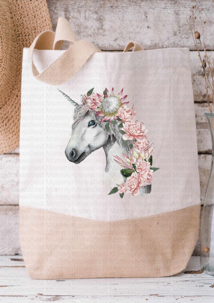 Unicorn with Flowers Canvas / Jute Shopper Bag