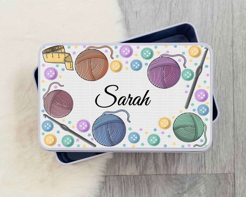Crochet Tin, personalised craft bits and bobs tin