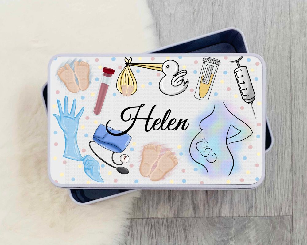 Maternity Tin, personalised Midwife bits and bobs tin