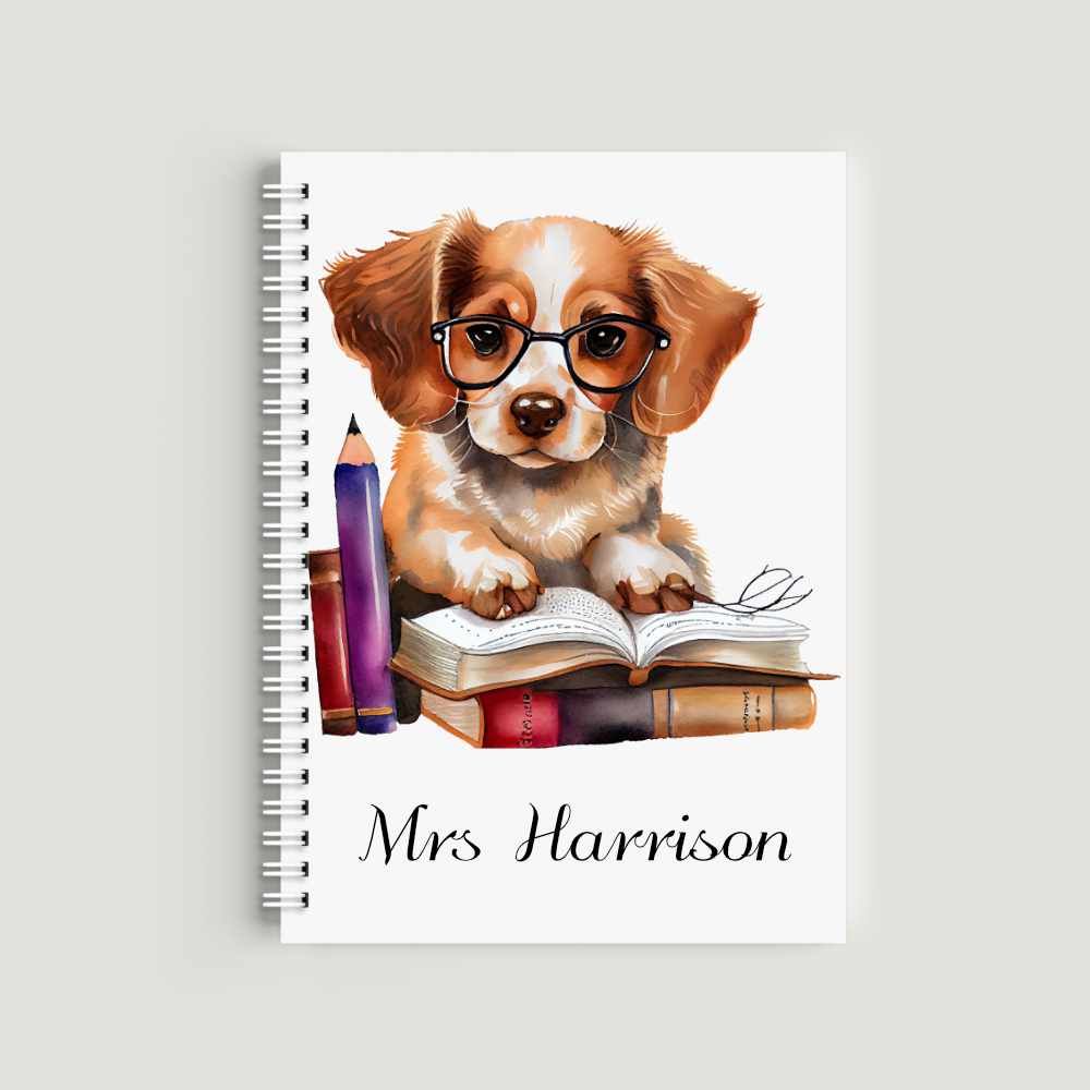 Dog with Books Teacher Note book personalised Journal Gift