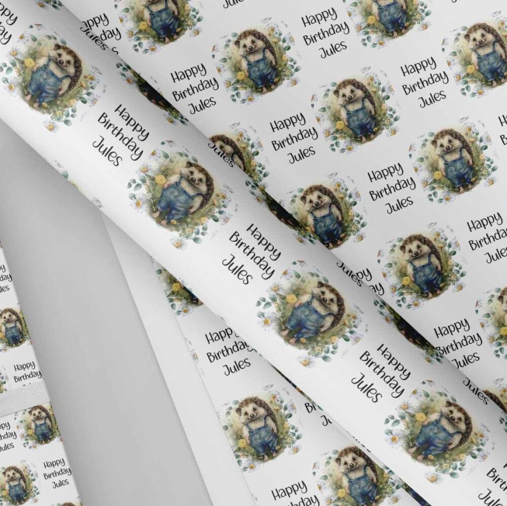 Hedgehog in Denim Dungerees wrapping paper  - A3 and rolls Eco Friendly Pap