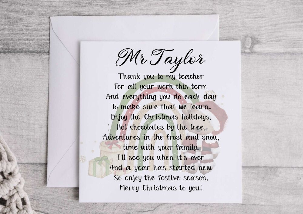 Christmas Card for Teacher with Poem - Eco Friendly
