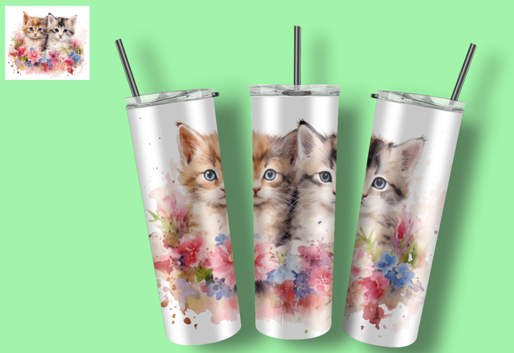 Cats in flowers tumbler - 20oz skinny tall thermal bottle