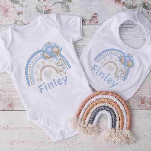 Rainbow Bunny vest and bib set - New born baby gift set personalised - 100% Cotton - BLUE