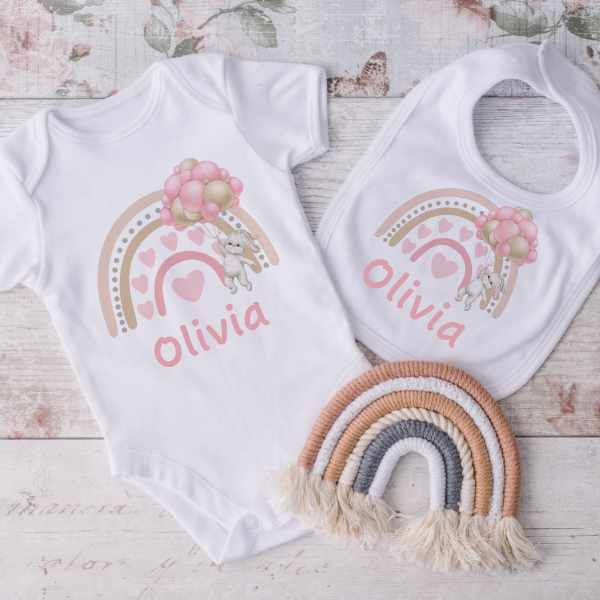 Rainbow Bunny vest and bib set - New born baby gift set personalised - 100%