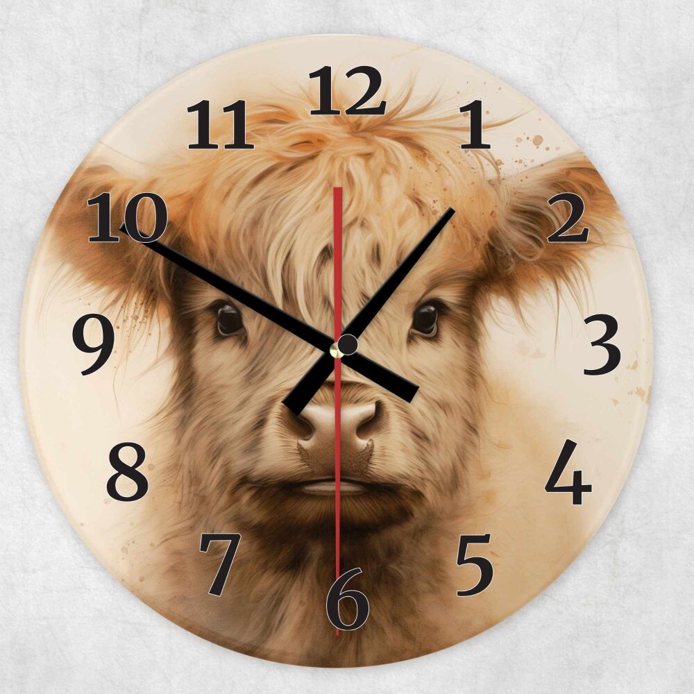 Highland cow clock. Large Glass Clock, Wall Clock Gifts Farmhouse Guesthous