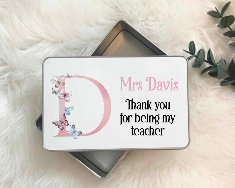 Initial Teacher Tin, personalised thank you teacher gift - pink