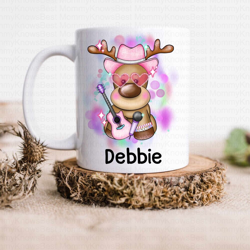 Christmas POP STAR Reindeer Hot Chocolate mug in pink