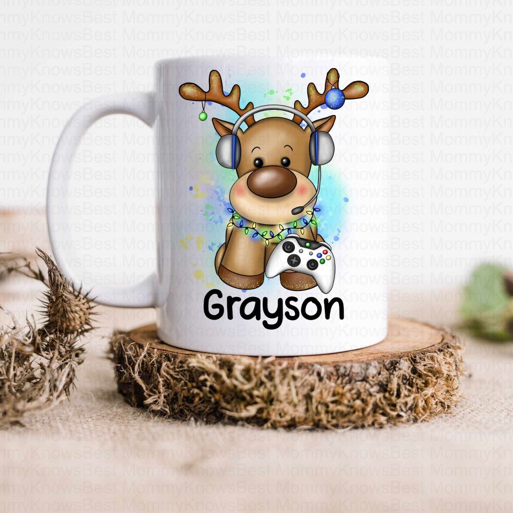 Christmas Gaming BLUE Reindeer Hot Chocolate mug