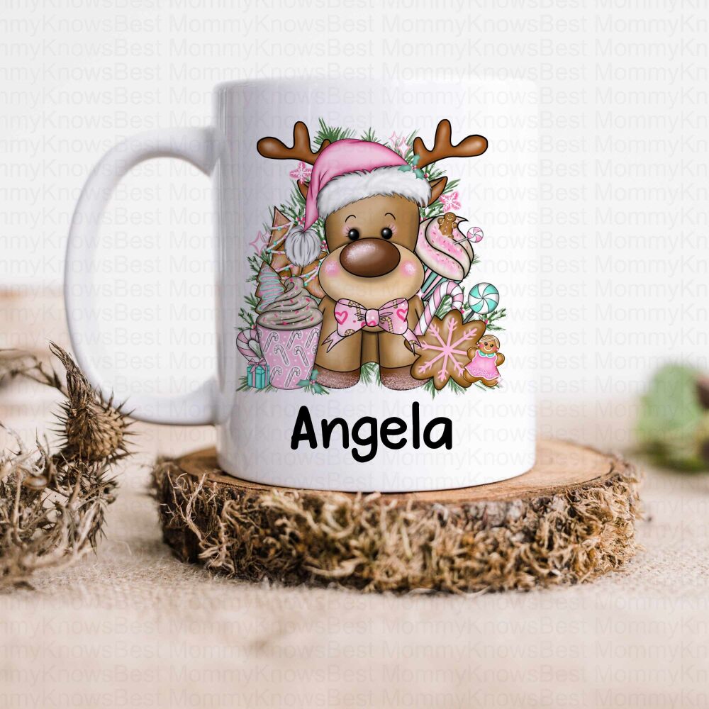 Christmas Reindeer Hot Chocolate mug in pink