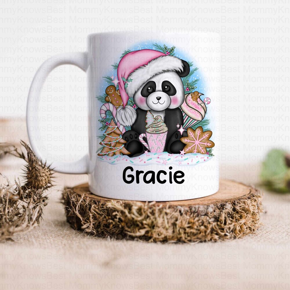 Personalised Christmas Panda Hot Chocolate mug.