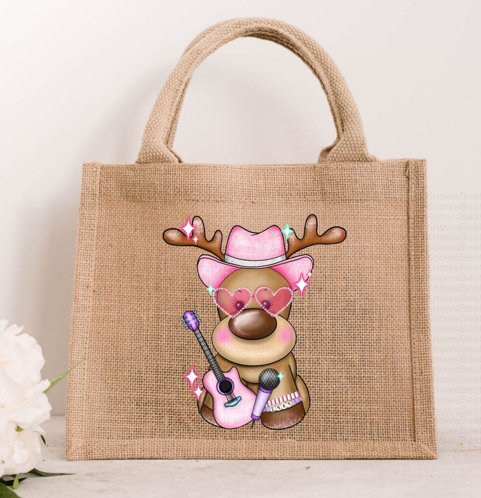 Pop Star Christmas Reindeer JUTE Gift Bag