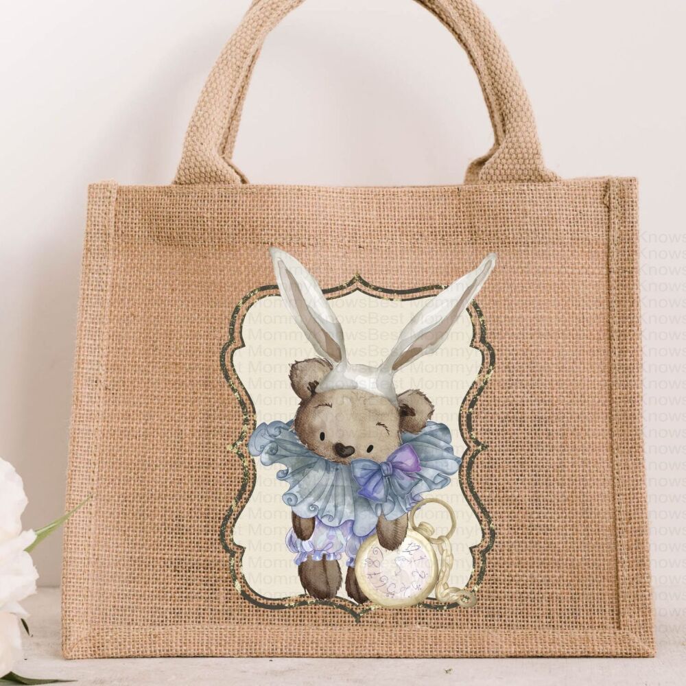 White Rabbit JUTE Gift Bag - Alice Teddy Version