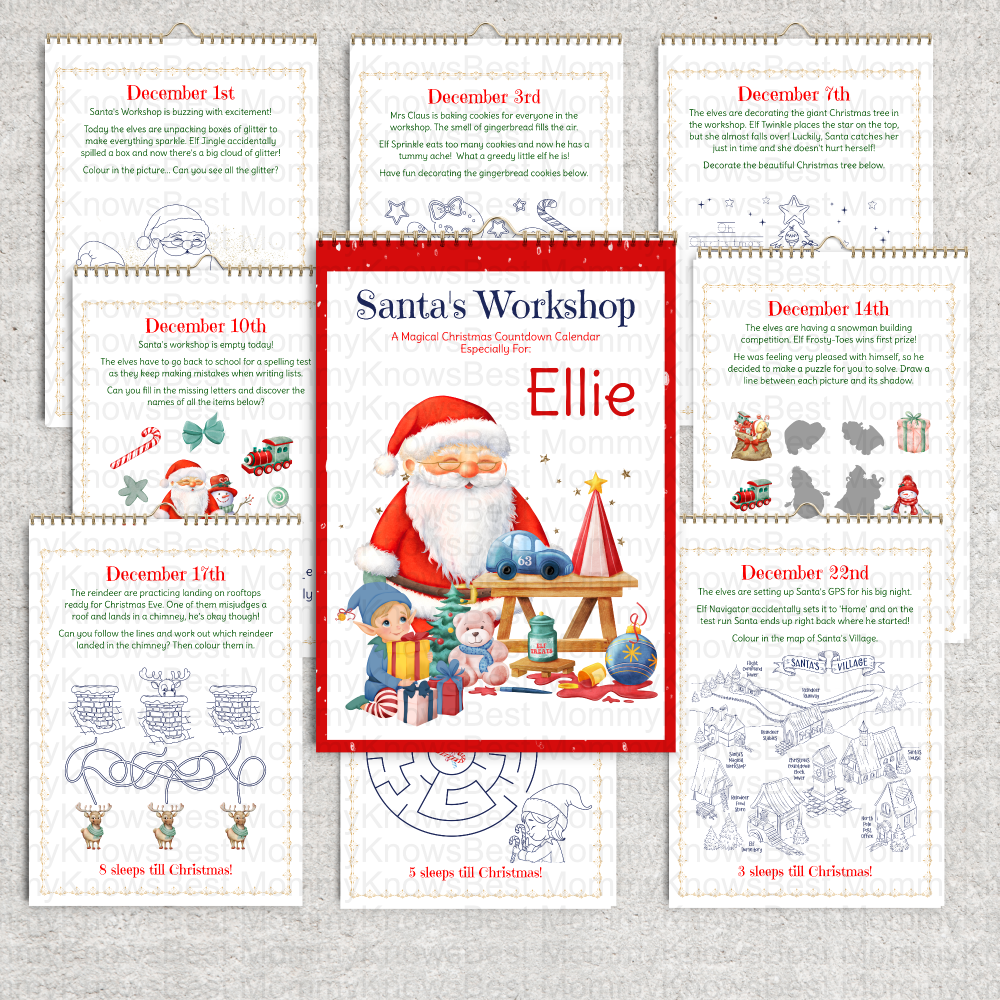 Santas Workshop Christmas Countdown Calendar activity book children.  A4 or A5