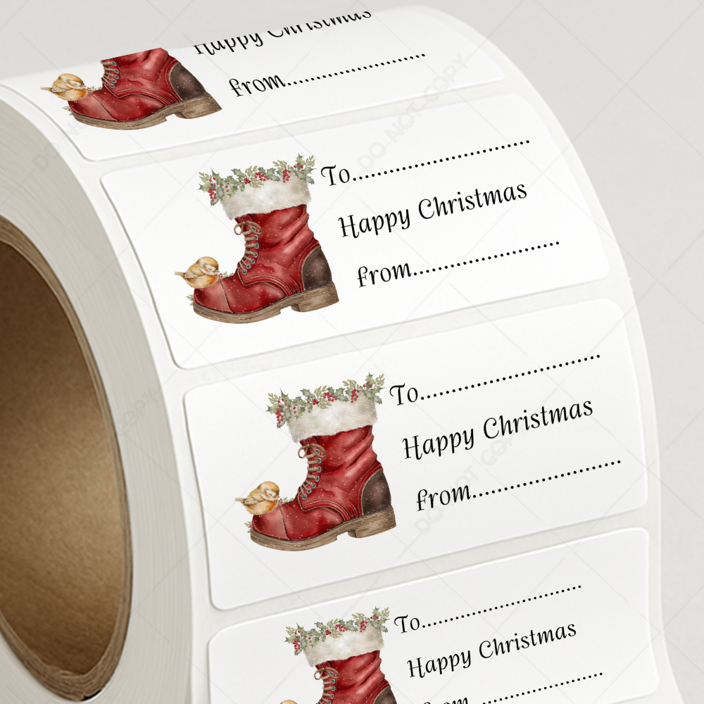 Santa Boot with Robin personalised stickers - Rectangular Christmas Labels