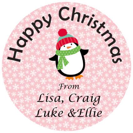 Happy Christmas penguin round stickers. Personalised. 