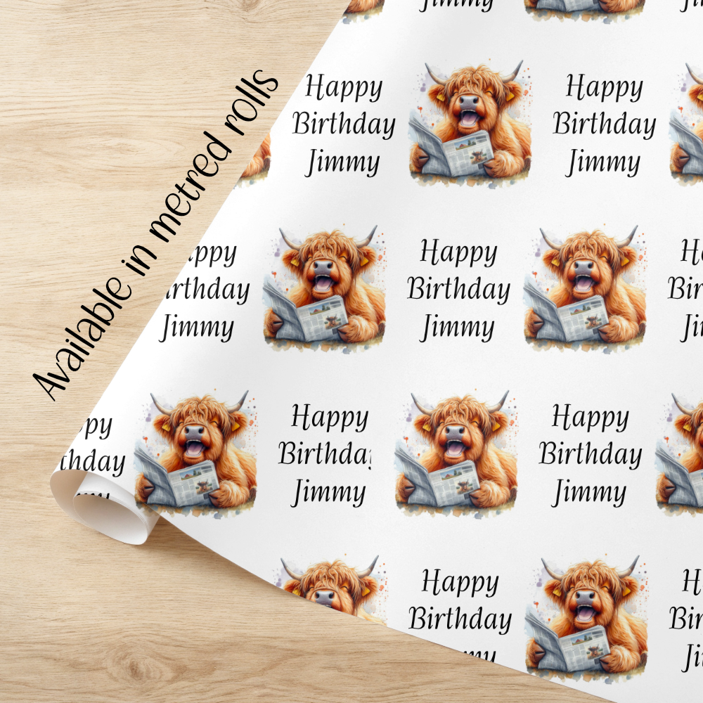 Laughing highland cow with newspaper wrapping paper  - A3 and Metre rolls Eco Friendly