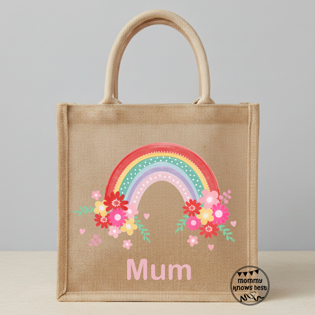 Personalised Rainbow Jute Mini Tote Bag (25x25cm) | Floral Gift