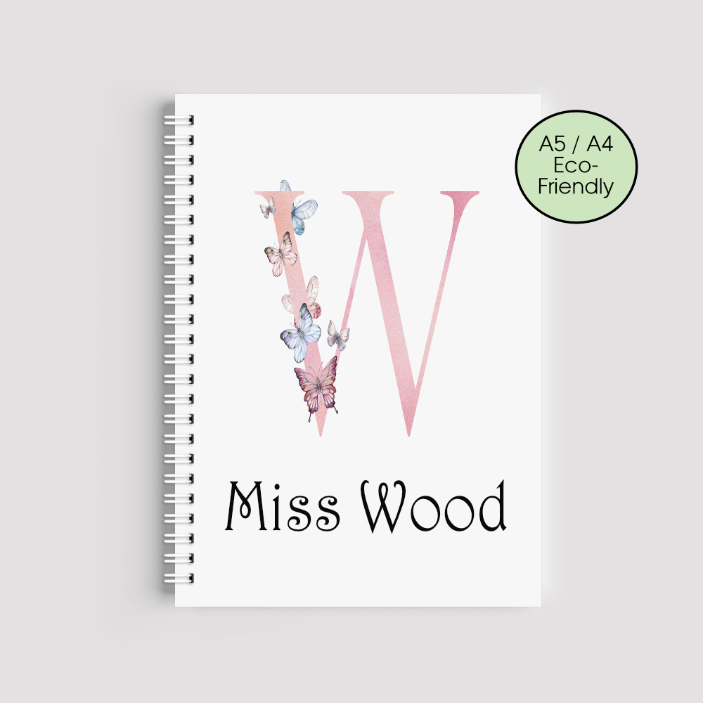 Personalised Teacher Initial Notebook &ndash; Butterfly Monogram A5/A4 Eco-Friendly Journal