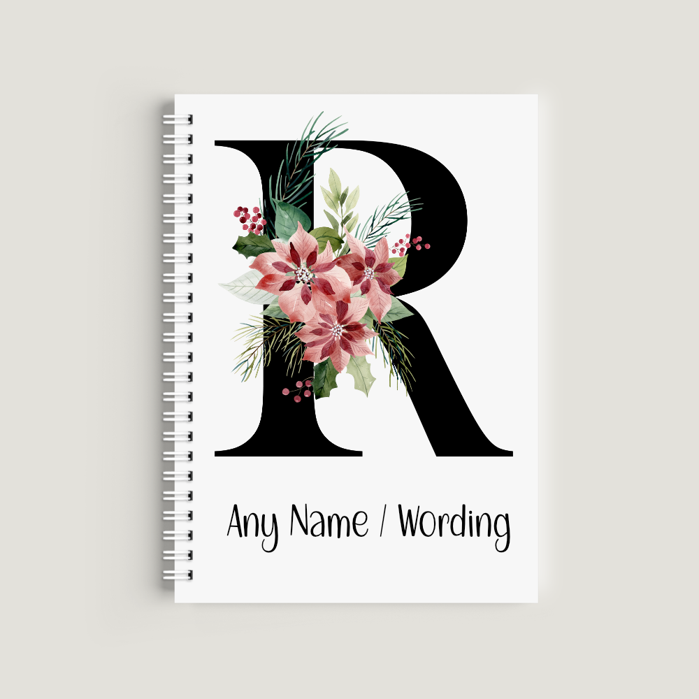 Personalised Initial Notebook &ndash; Floral Monogram Eco-Friendly A5/A4 Journal - Black Design