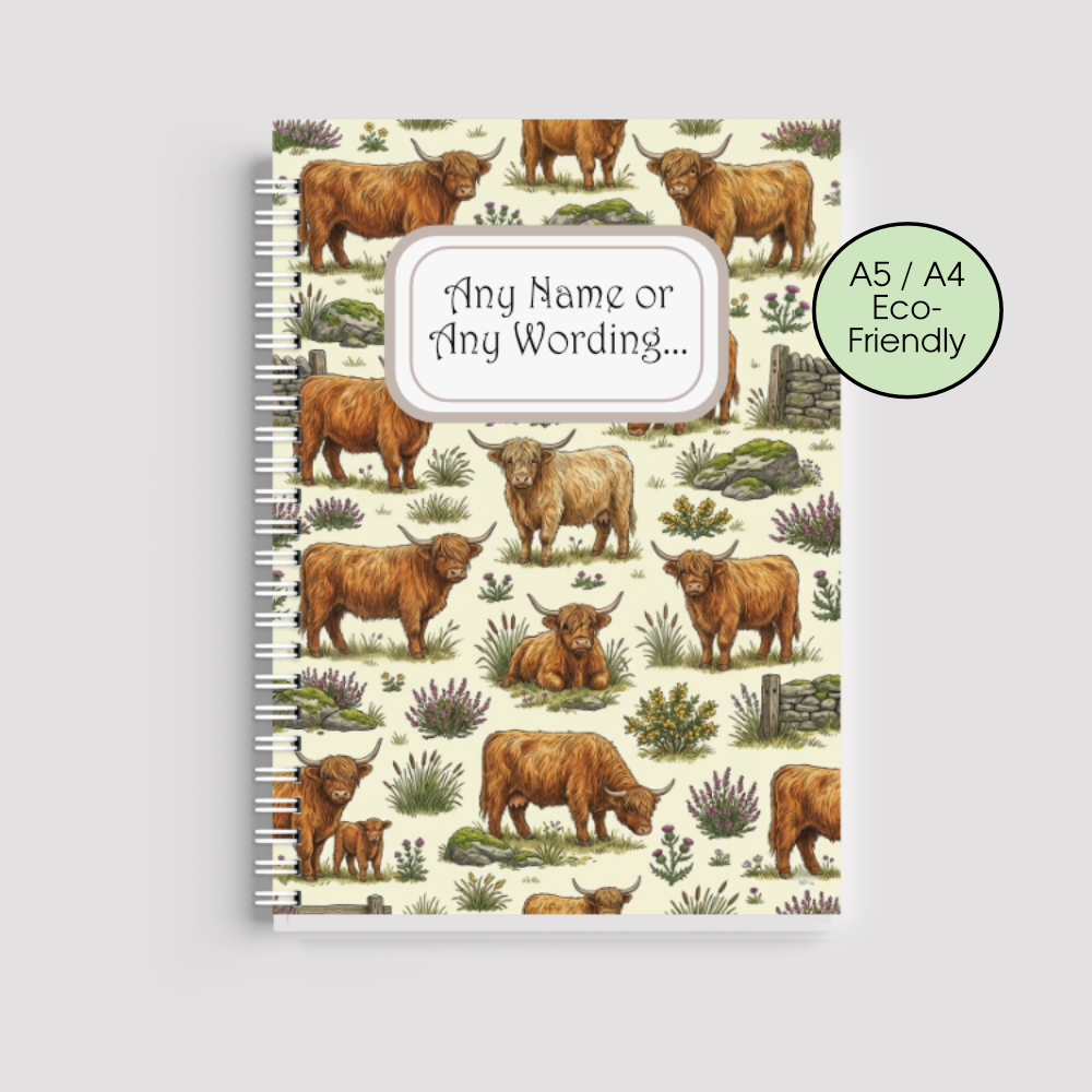 Personalised Highland Cow Notebook &ndash; Cute Rustic Eco-Friendly A5/A4 Journal