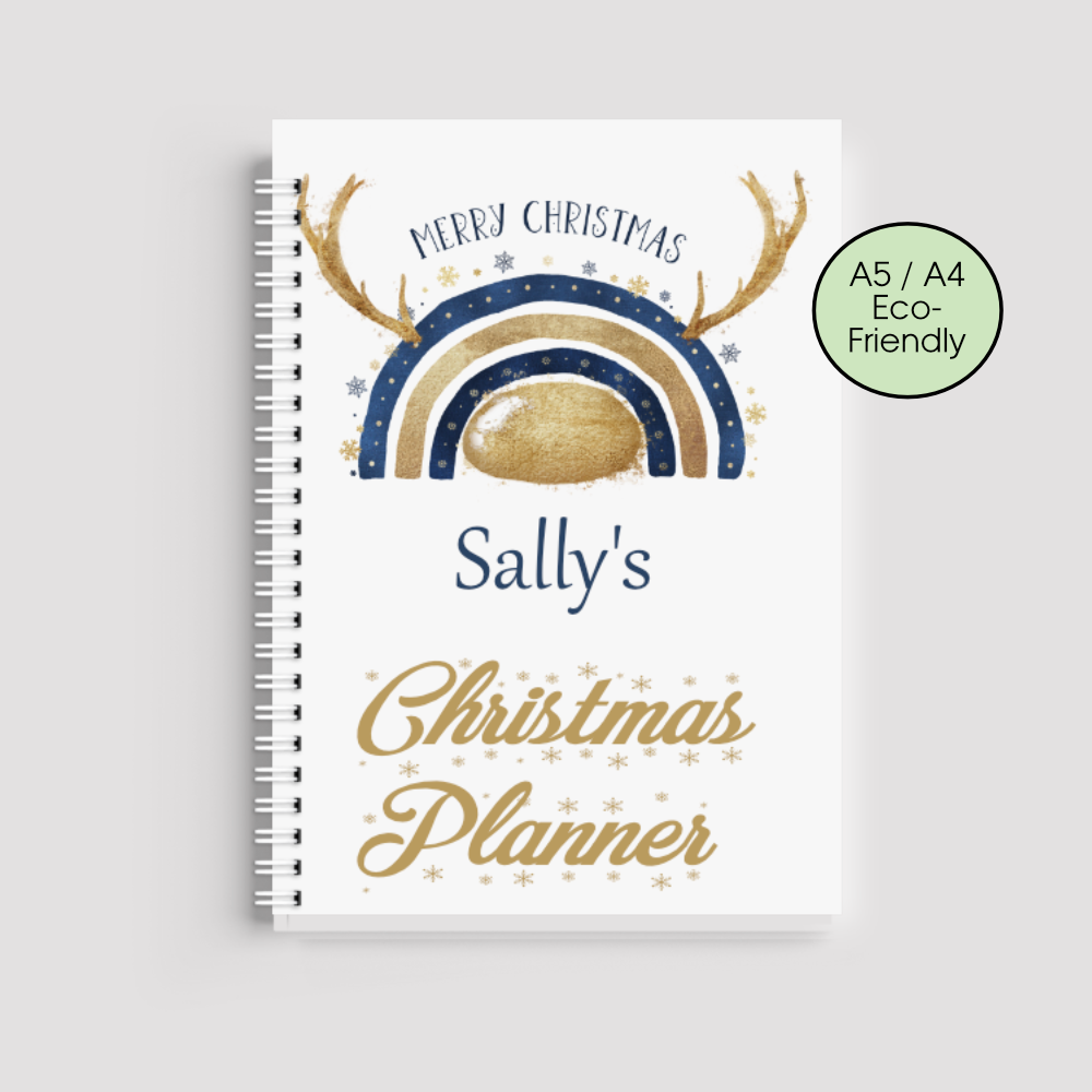 Personalised Christmas Planner Notebook &ndash; Festive Eco-Friendly A5/A4 Journal - Navy and Gold