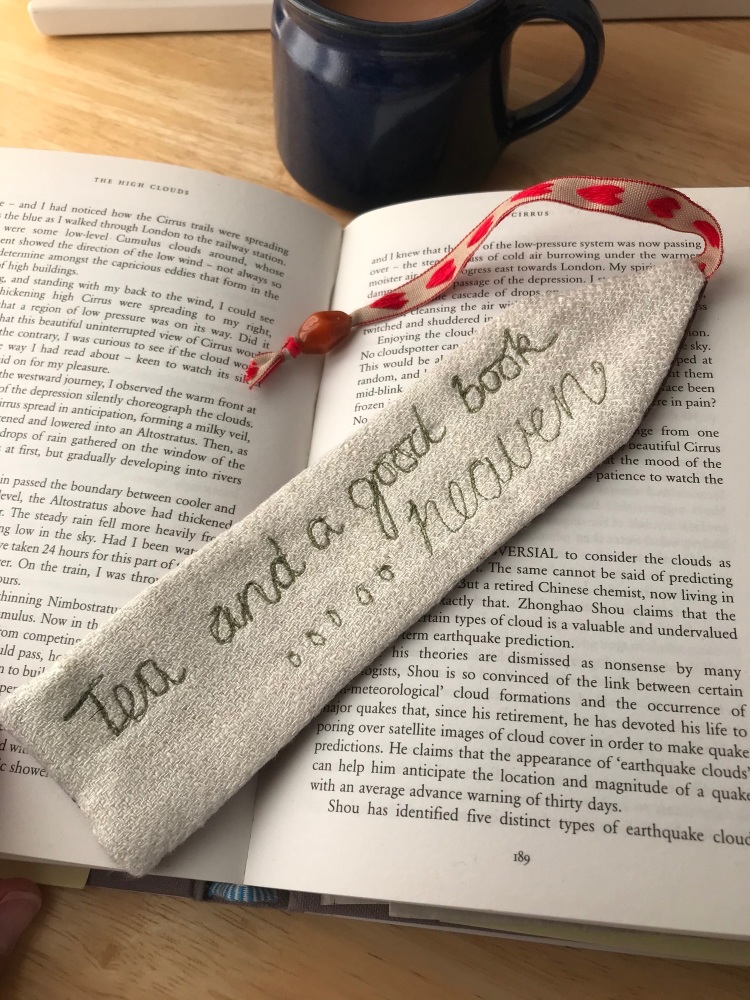 Heaven, tea and a book textile bookmark 