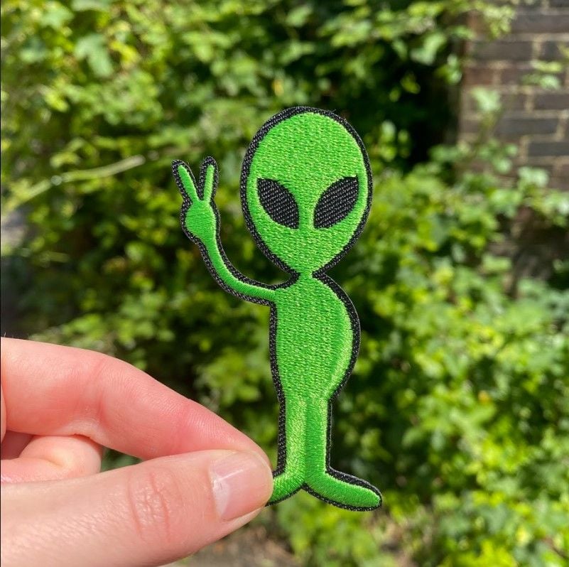 Peace Sign Green Alien Iron-On Patch
