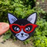 Black and White Cat with Glasses Iron-On Patch