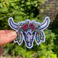 Flower and Feather Cow Skull Iron On Patch