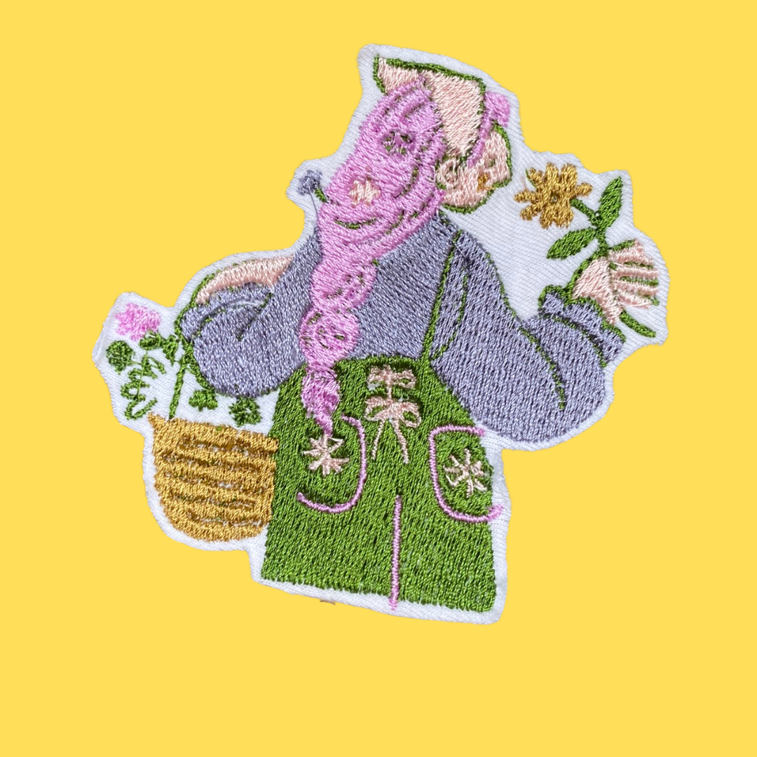 Cottagecore Lady with Flowers Iron-On Patch