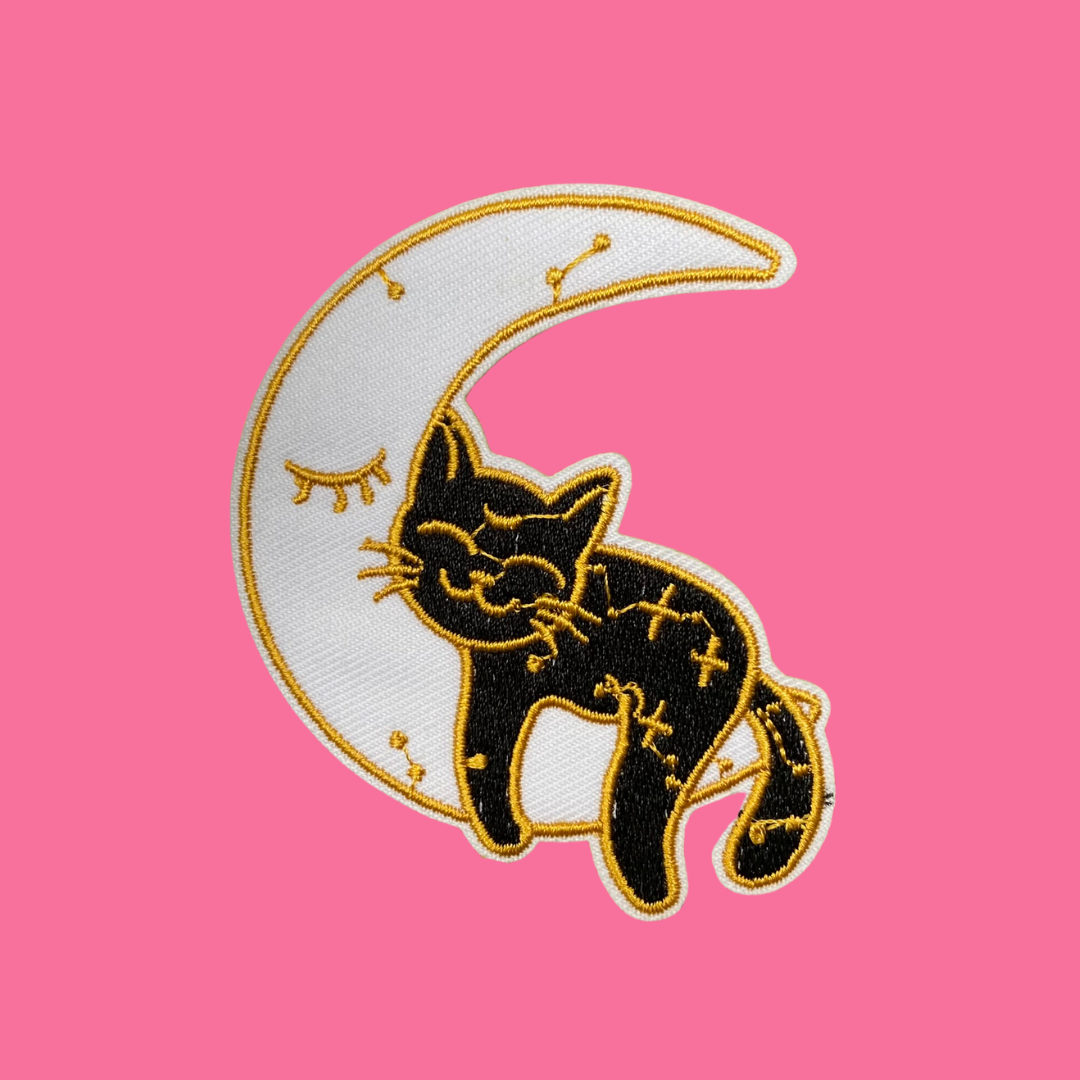 Black Cat on Crescent Moon Iron-On Patch
