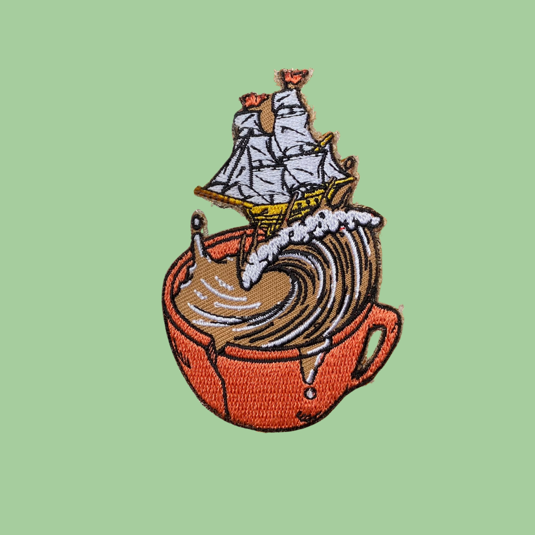 Ocean Boat Scene Coffee Art Iron-On Patch