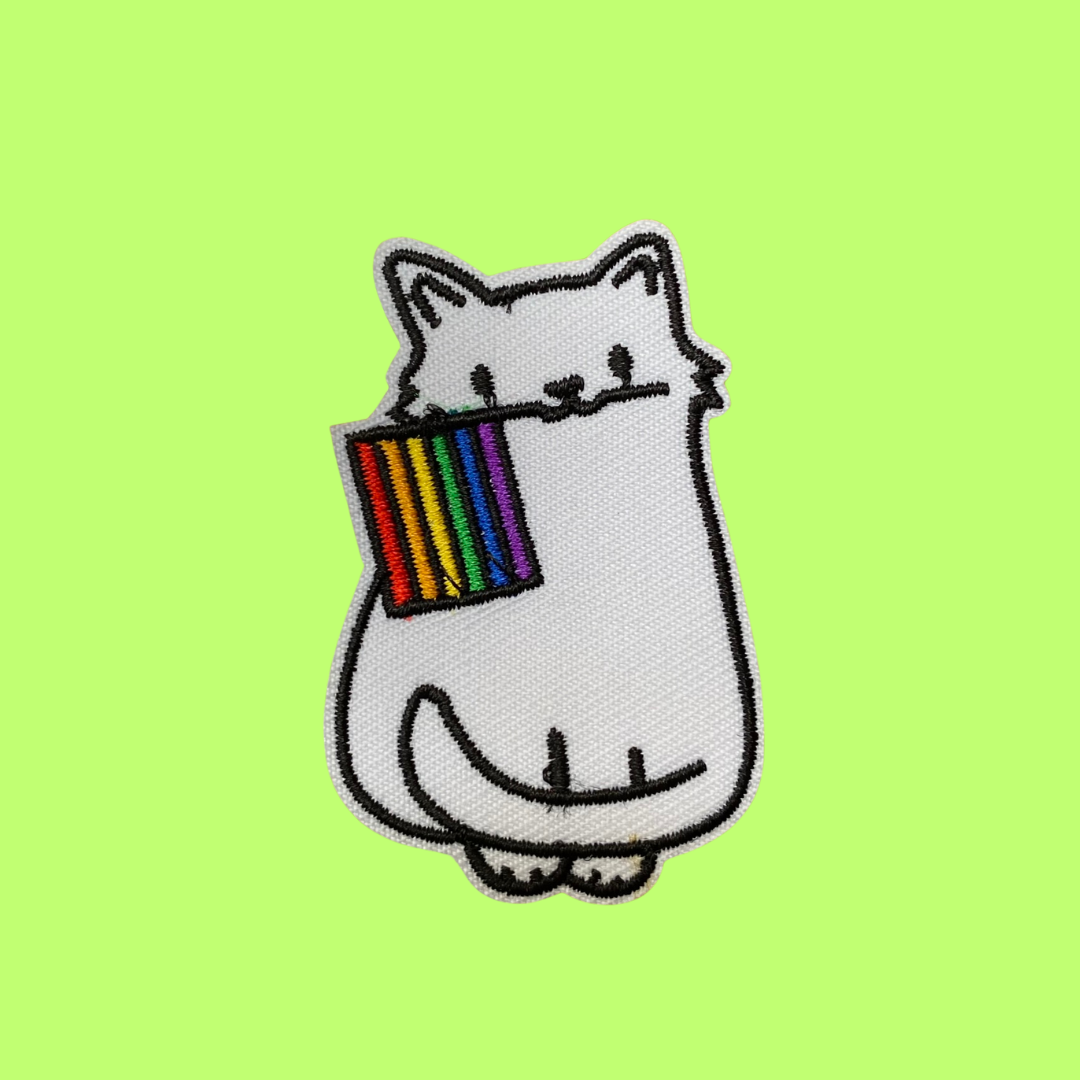 LGBTQ+ Cat with a Rainbow Flag Iron-On Patch