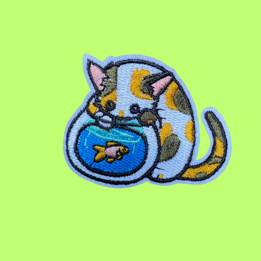Tabby Cat and Fish Bowl Iron-On Patch