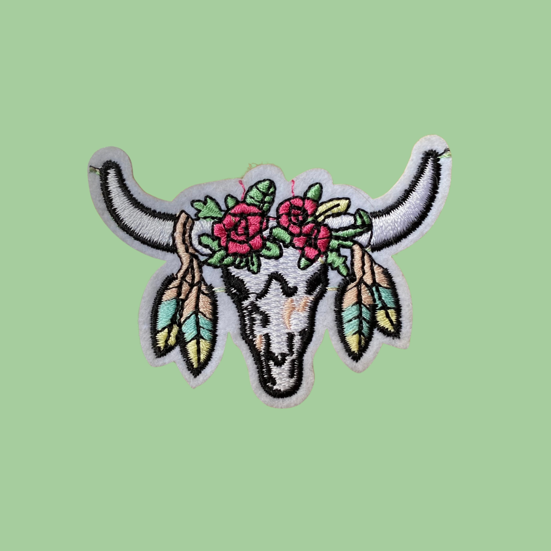 Flower and Feather Cow Skull Iron On Patch