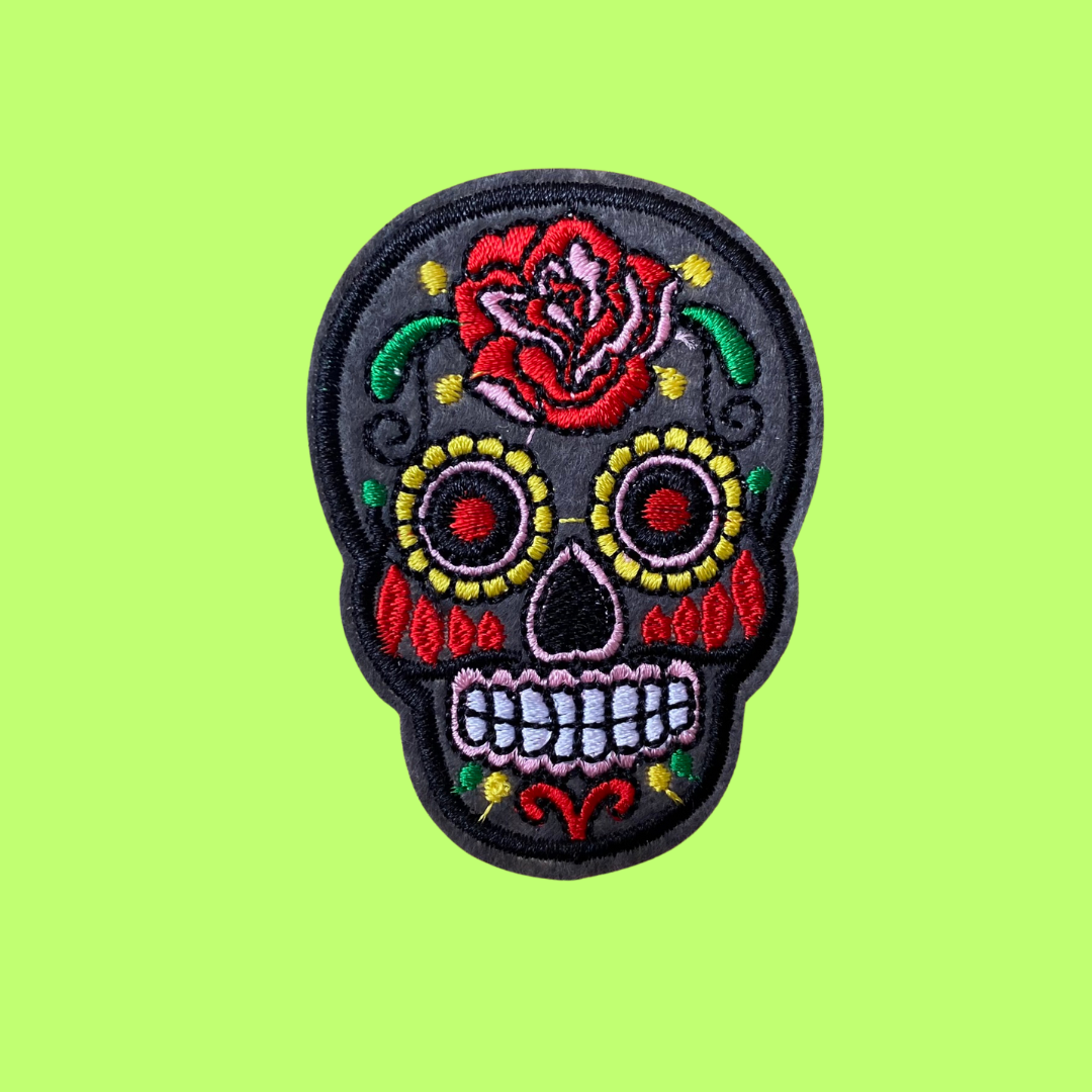 Day of the Dead Sugar Skull Iron-On Patch Grey