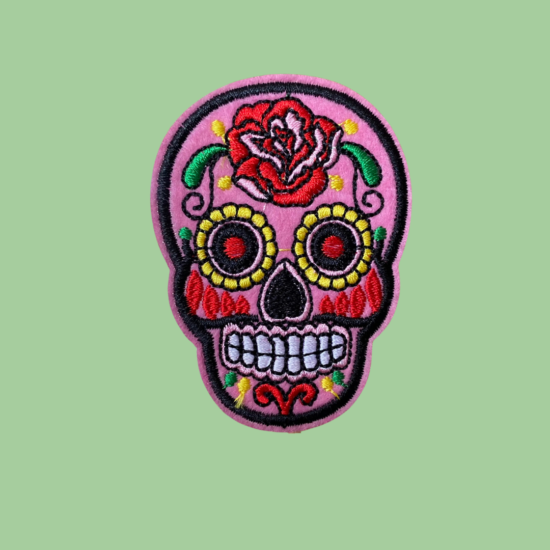 Day of the Dead Sugar Skull Iron-On Patch Pink