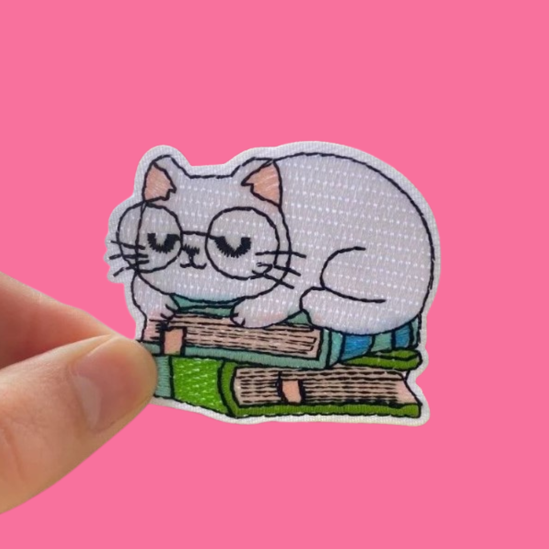 Sleepy Book Cat Iron-On Patch