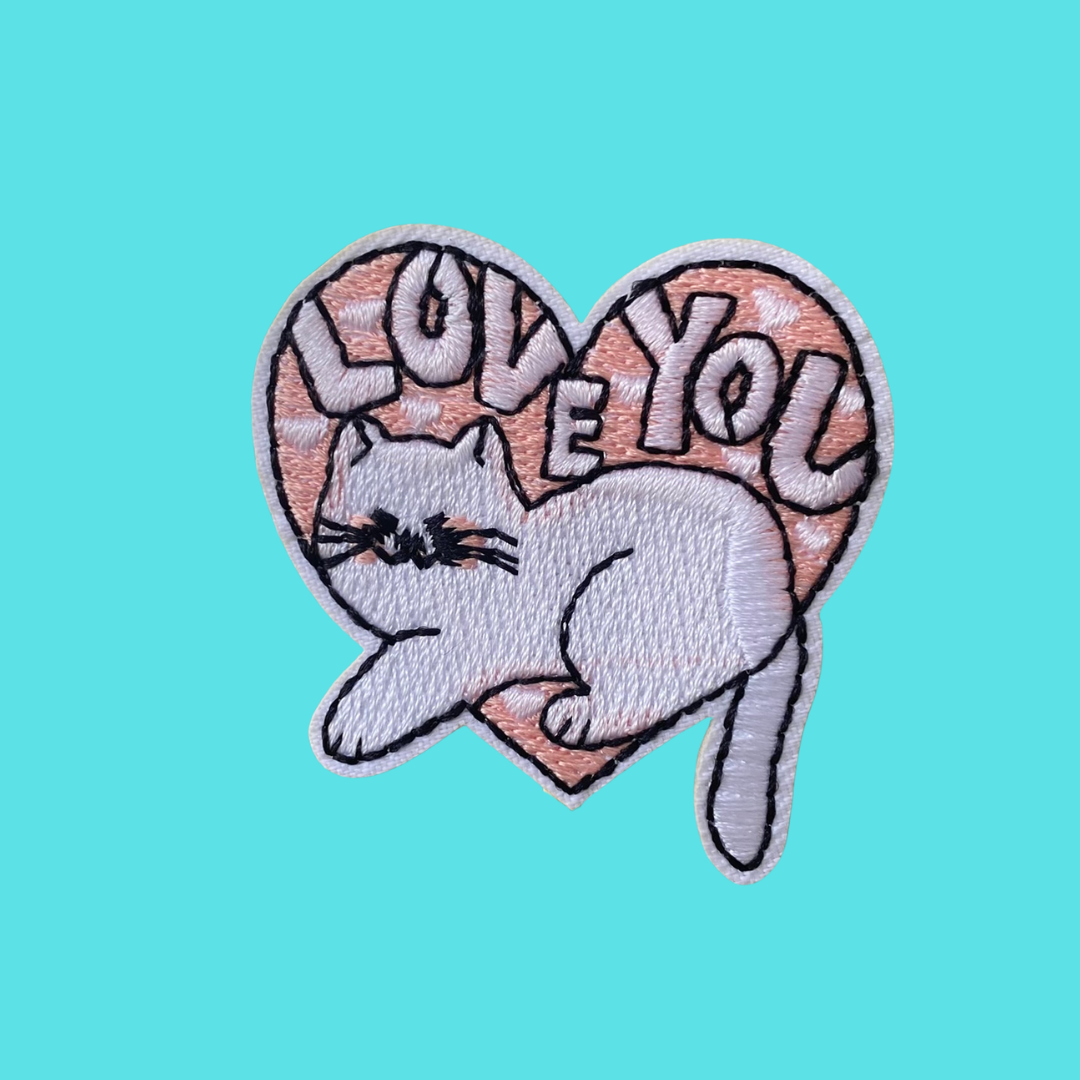 White Cat 'Love You' Heart Iron-On Patch