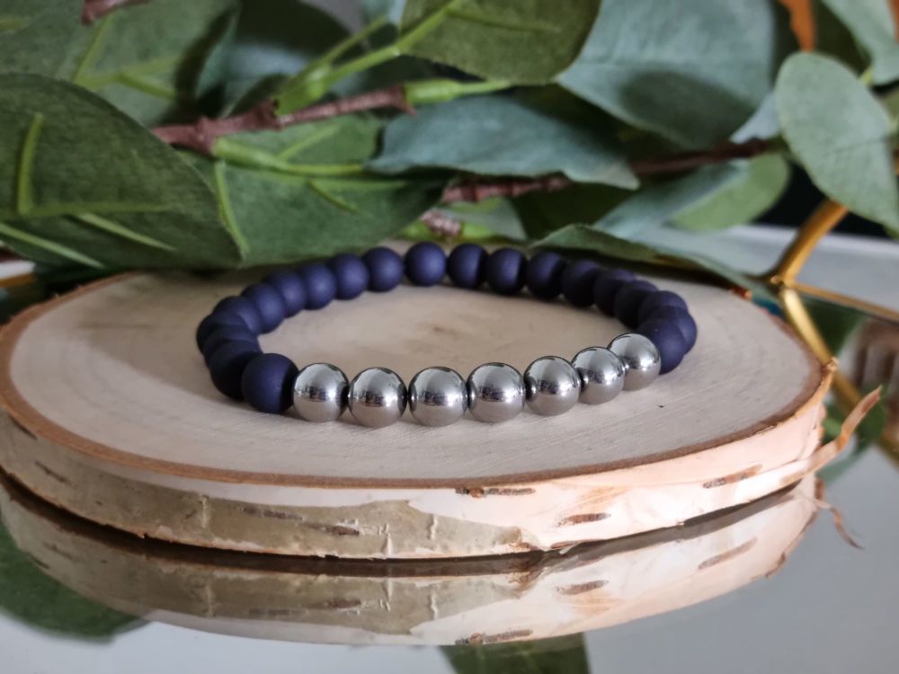 Hematite & Acrylic Beaded Bracelet in Indigo