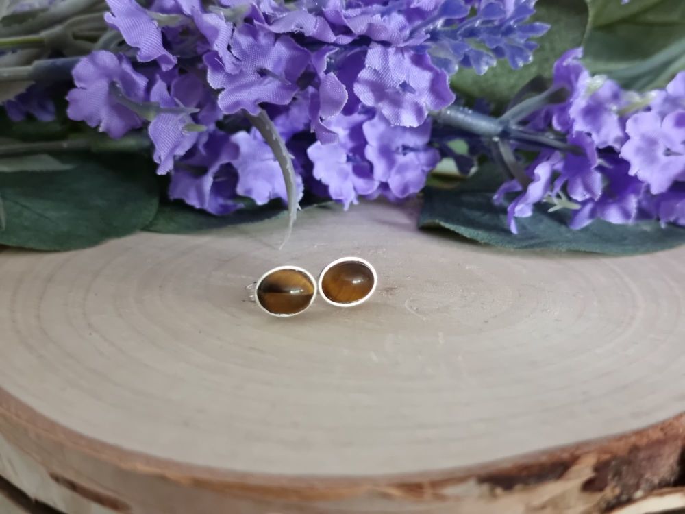 Tigers Eye Gemstone Oval Studs