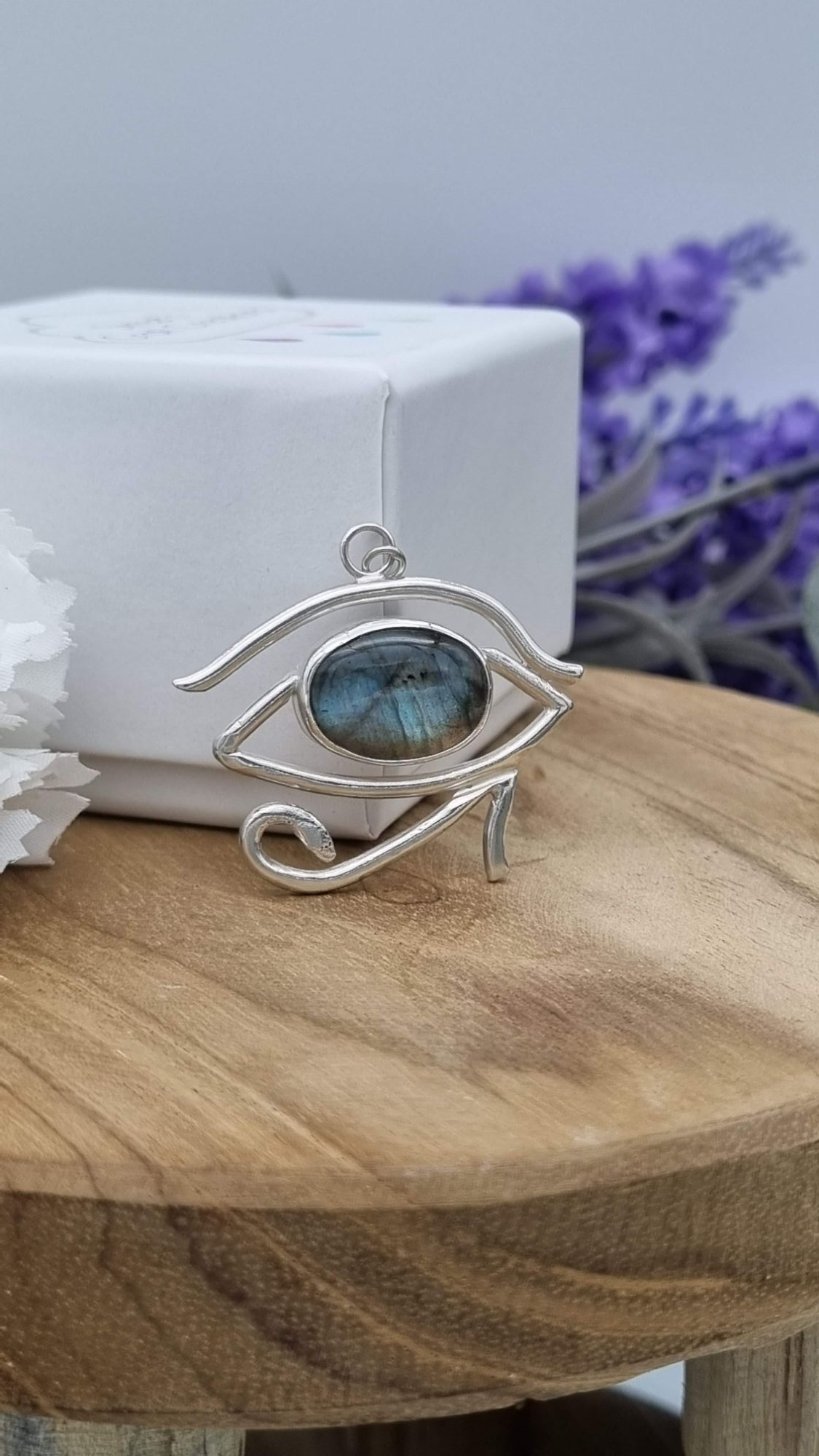 Eye of Horus design necklace, handmade from recycled sterling silver and set with a Labradorite gemstone