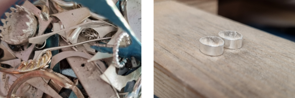 Left imagine scrap silver, off cuts from jobs, right image features newly made silver bezels using the melted scrap