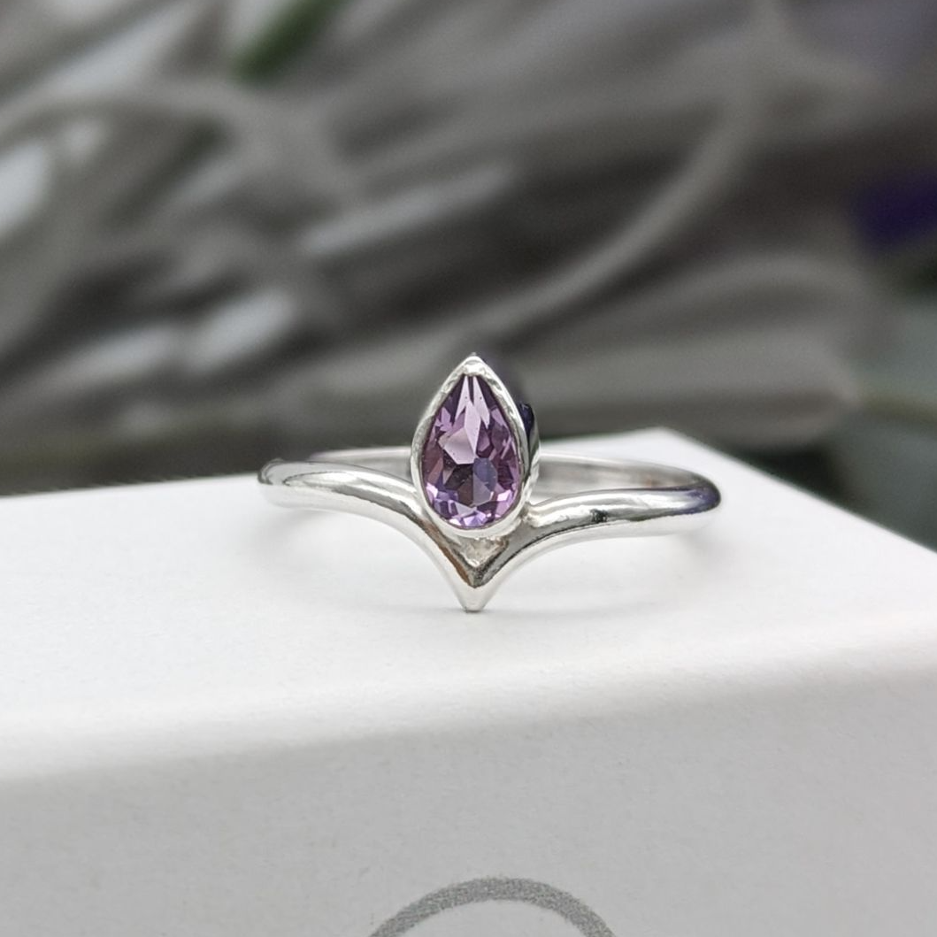 Amethyst and sterling silver wishbone ring