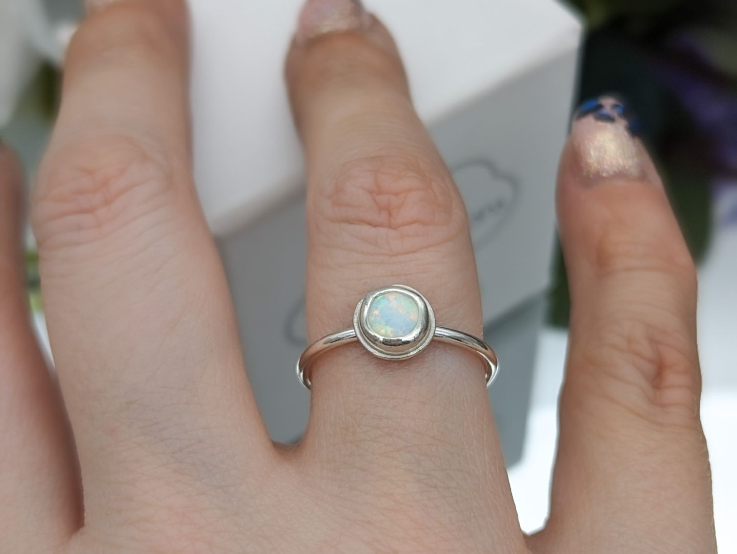 Created White Opal and Silver Ring