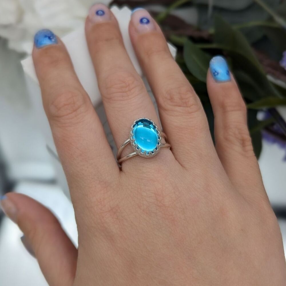 Aqua Glass Cabochon Ring | Silver Rings